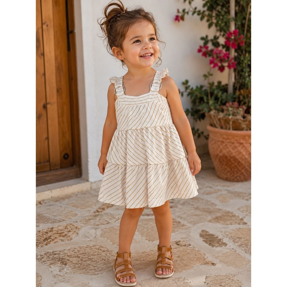 Candy Queen Girls White Gold Metallic Stripe Ruffle Tiered Dress Size 3T